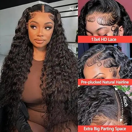[30 Inch $75.9] Haloqueen 34 Inch Women'S Brazilian Virgin Human Hair Lace Front Wig, 13X4 Pre Plucked Frontal with Natural Baby Hair, 200 Density Deep Wavy Wet and Wavy Natural Color Wig