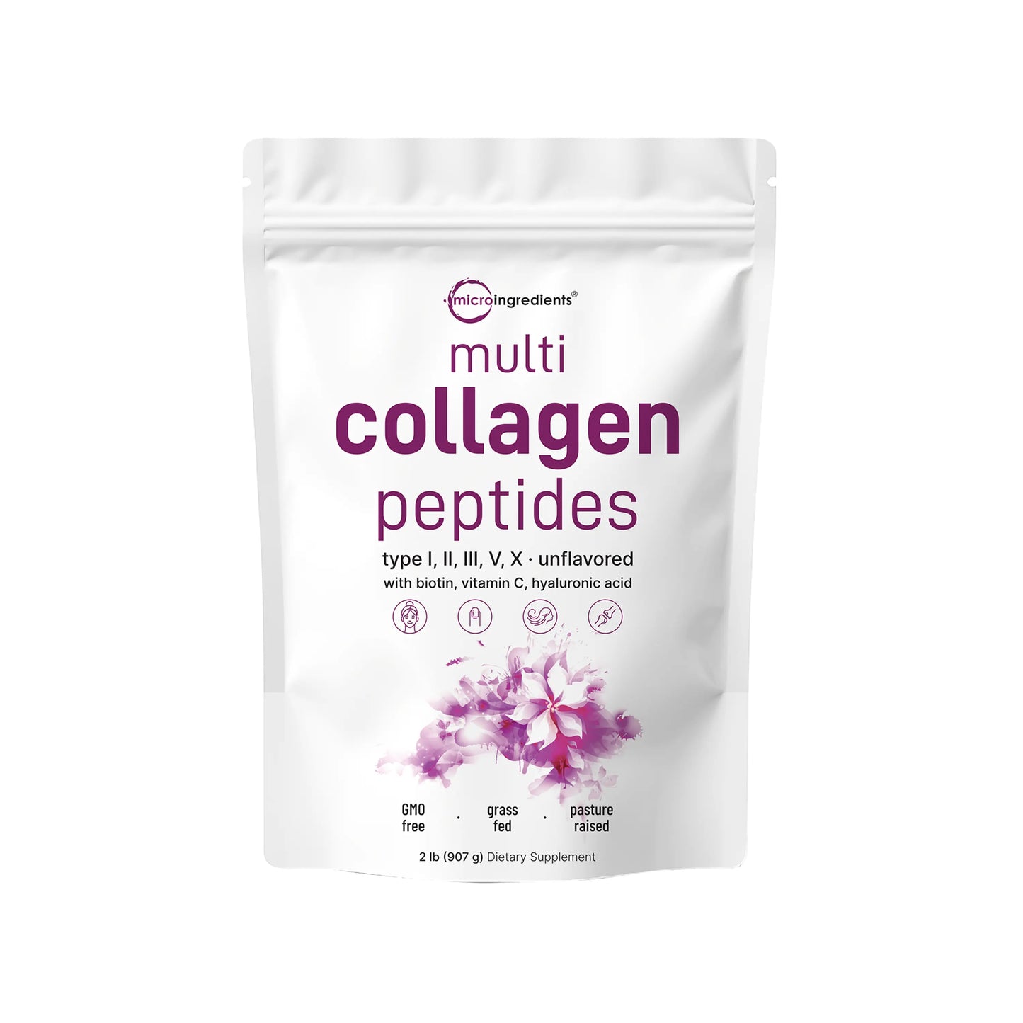Micro Ingredients Multi-Collagen Peptides Powder with Hyaluronic Acid, Biotin, and Vitamin C - Hydrolyzed Protein Peptides (Types I, II, III, V, X), Unflavored