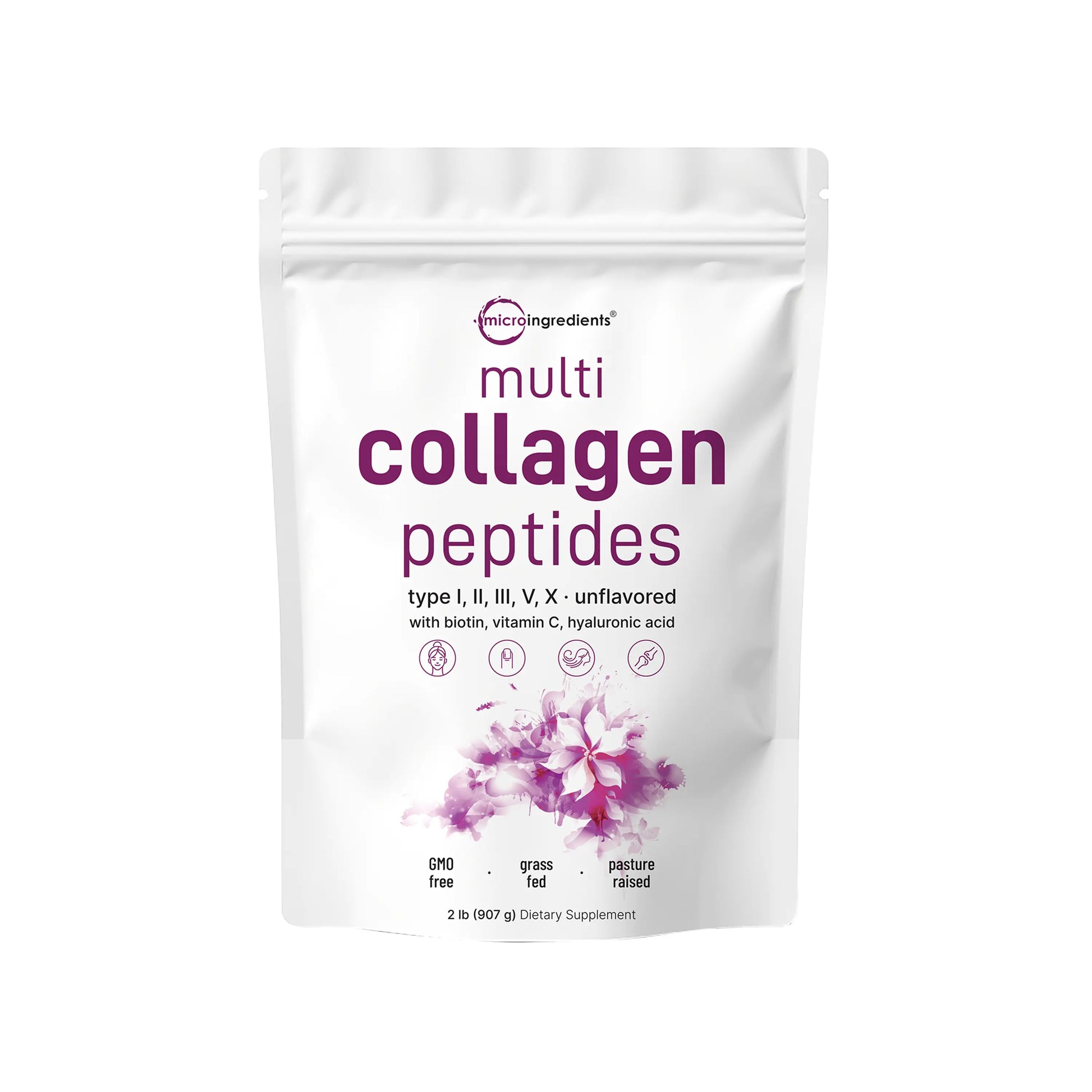 Micro Ingredients Multi-Collagen Peptides Powder with Hyaluronic Acid, Biotin, and Vitamin C - Hydrolyzed Protein Peptides (Types I, II, III, V, X), Unflavored