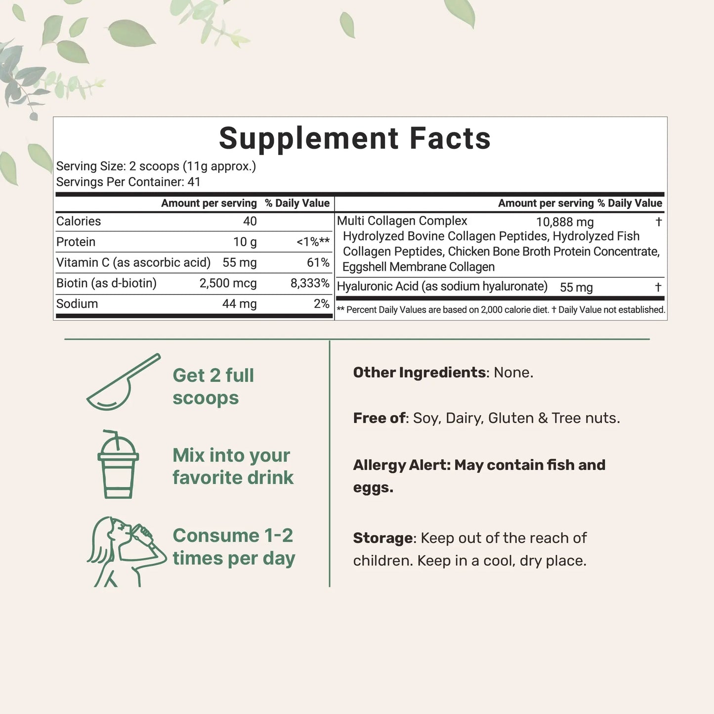 Micro Ingredients Multi-Collagen Peptides Powder with Hyaluronic Acid, Biotin, and Vitamin C - Hydrolyzed Protein Peptides (Types I, II, III, V, X), Unflavored