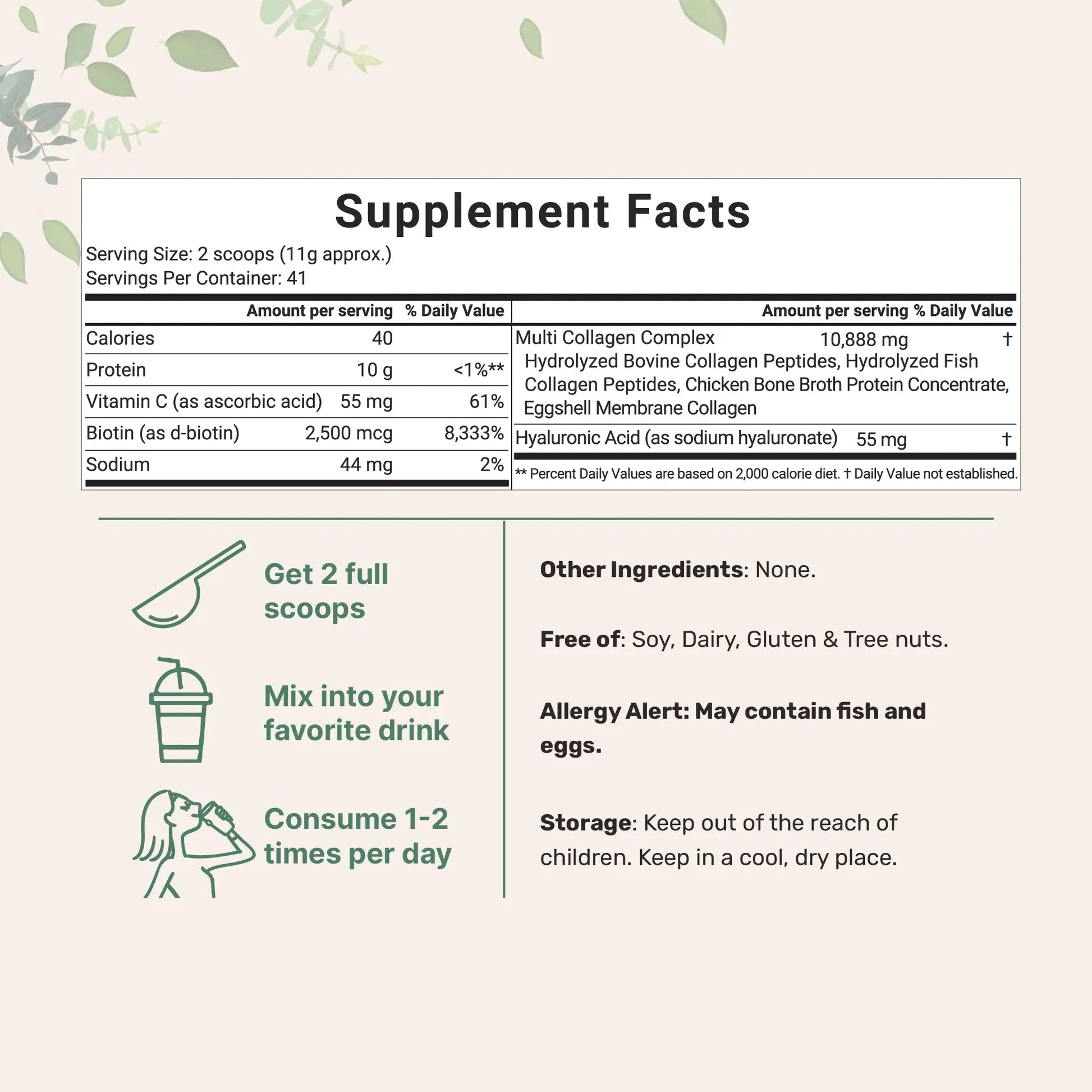 Micro Ingredients Multi-Collagen Peptides Powder with Hyaluronic Acid, Biotin, and Vitamin C - Hydrolyzed Protein Peptides (Types I, II, III, V, X), Unflavored