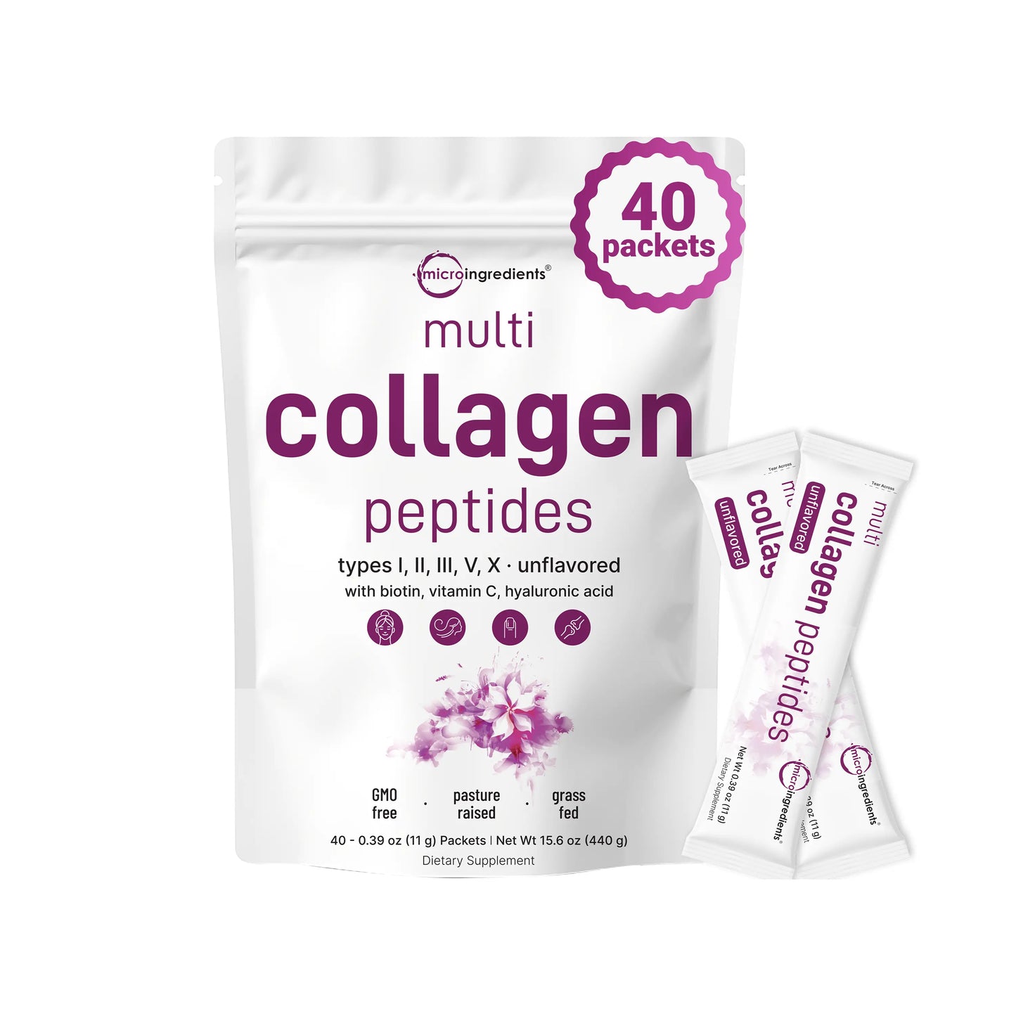 Micro Ingredients Multi-Collagen Peptides Powder with Hyaluronic Acid, Biotin, and Vitamin C - Hydrolyzed Protein Peptides (Types I, II, III, V, X), Unflavored