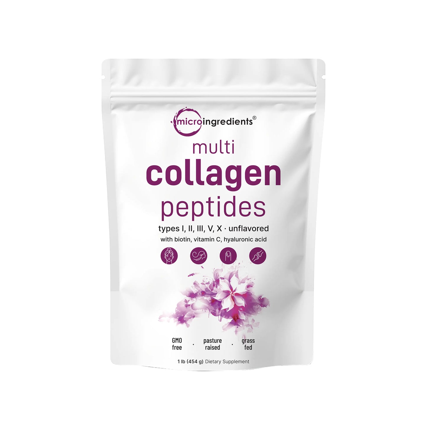 Micro Ingredients Multi-Collagen Peptides Powder with Hyaluronic Acid, Biotin, and Vitamin C - Hydrolyzed Protein Peptides (Types I, II, III, V, X), Unflavored
