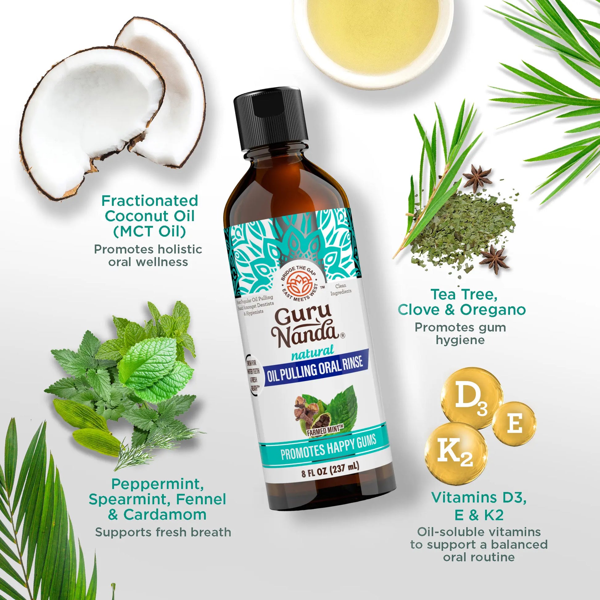 Gurunanda Cocomint Oil Pulling Mouthwash with 7 Essential Oils and 3 Vitamins for Fresh Breath and Healthy Gums, Alcohol-Free, 8 Fl Oz