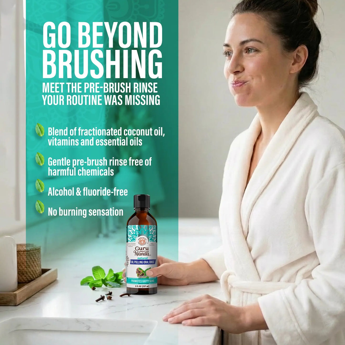 Gurunanda Cocomint Oil Pulling Mouthwash with 7 Essential Oils and 3 Vitamins for Fresh Breath and Healthy Gums, Alcohol-Free, 8 Fl Oz