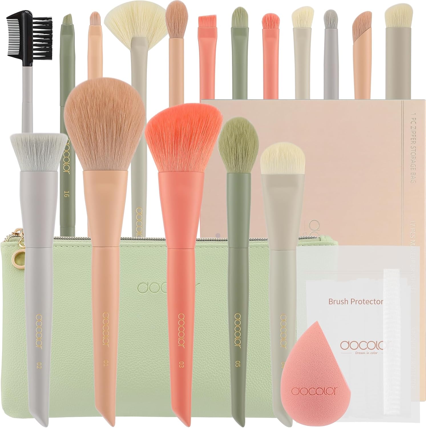 Docolor Juego De Brochas De Maquillaje Profesional 17 Piezas, Kit Completo Color Morandi Con Bolsa De Viaje, Esponja Y Guía De Uso, Pinceles De Maquillaje Premium Synthetic Para Cara Y Ojos, Rubor