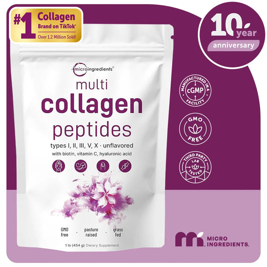 Micro Ingredients Multi-Collagen Peptides Powder with Hyaluronic Acid, Biotin, and Vitamin C - Hydrolyzed Protein Peptides (Types I, II, III, V, X), Unflavored