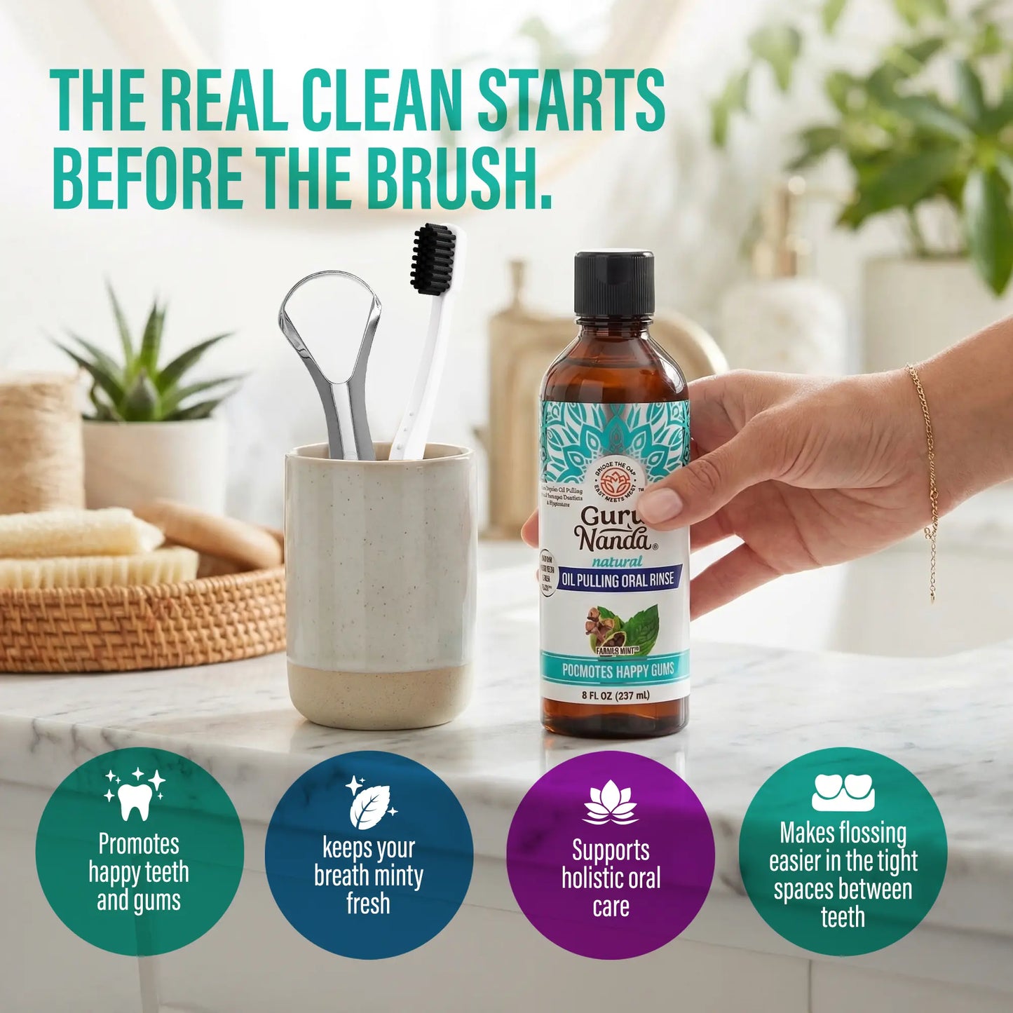 Gurunanda Cocomint Oil Pulling Mouthwash with 7 Essential Oils and 3 Vitamins for Fresh Breath and Healthy Gums, Alcohol-Free, 8 Fl Oz