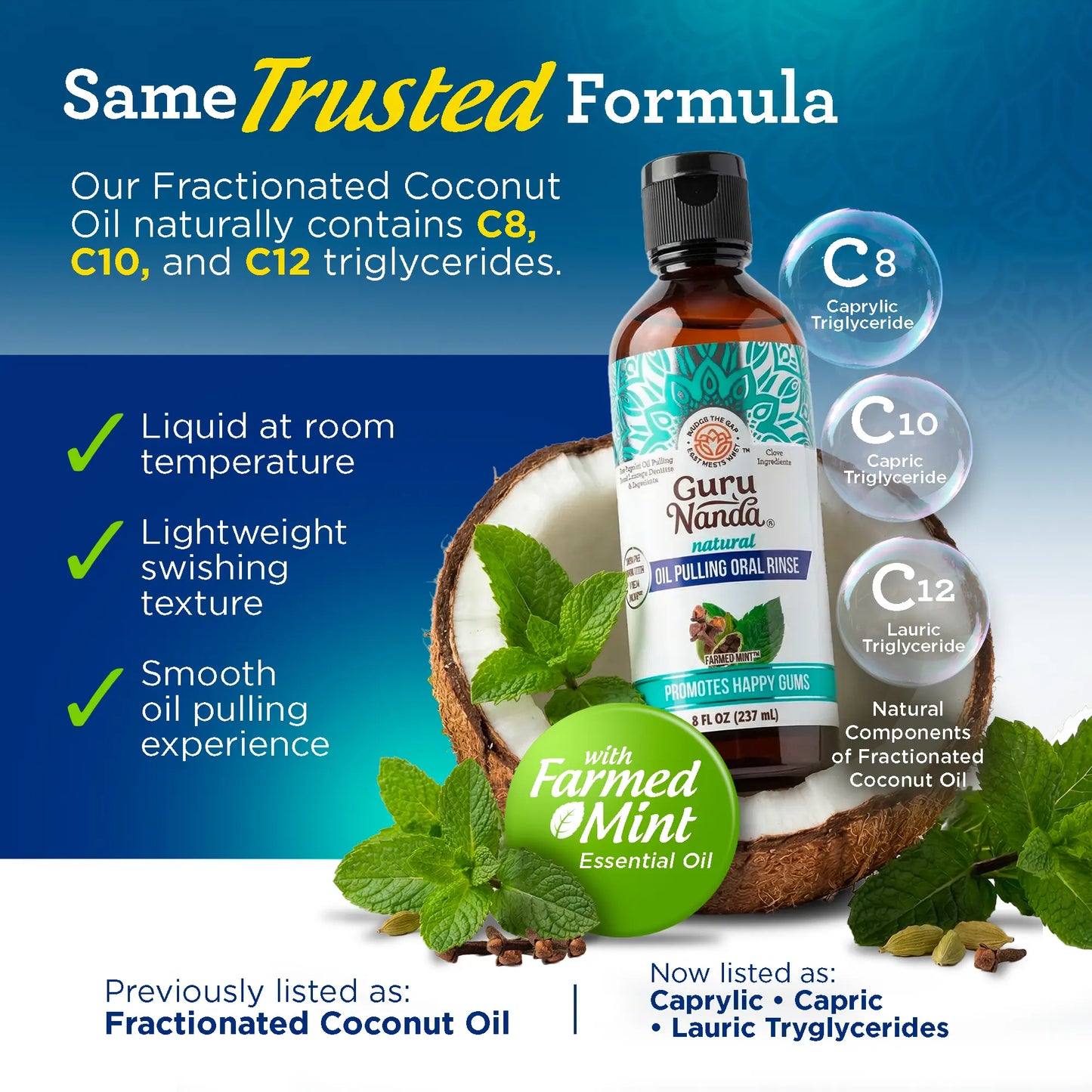 Gurunanda Cocomint Oil Pulling Mouthwash with 7 Essential Oils and 3 Vitamins for Fresh Breath and Healthy Gums, Alcohol-Free, 8 Fl Oz