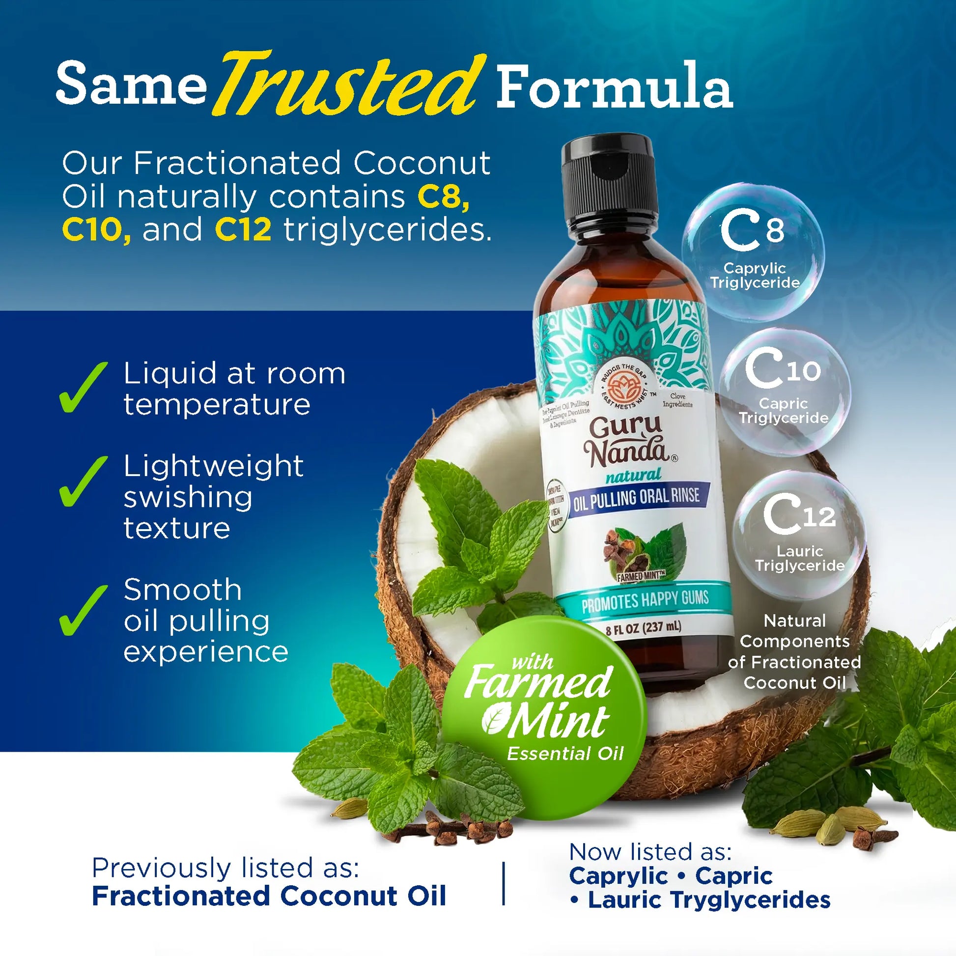 Gurunanda Cocomint Oil Pulling Mouthwash with 7 Essential Oils and 3 Vitamins for Fresh Breath and Healthy Gums, Alcohol-Free, 8 Fl Oz