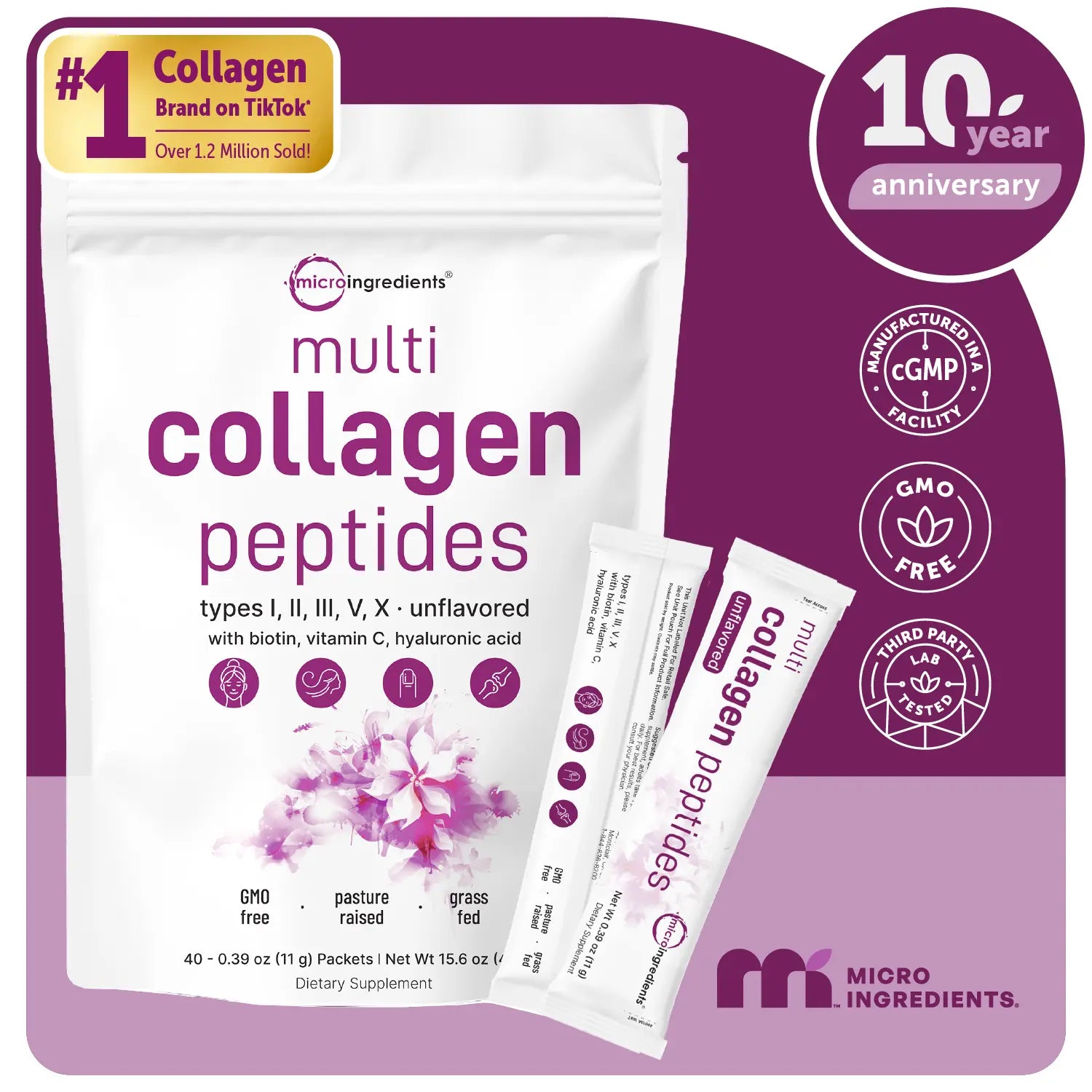 Micro Ingredients Multi-Collagen Peptides Powder with Hyaluronic Acid, Biotin, and Vitamin C - Hydrolyzed Protein Peptides (Types I, II, III, V, X), Unflavored
