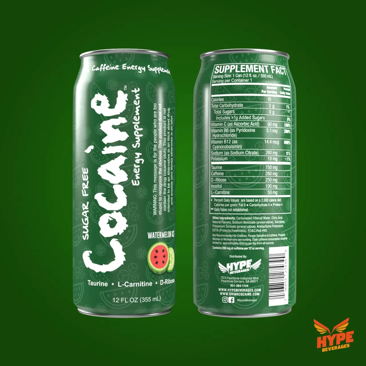Cocaine Energy Supplement - 280mg Caffeine Energy Drink with Taurine, L-Carnitine, Antioxidants, and Vitamins - 12 oz Can - Pack of 12 (Icy Watermelon) Pre-Workout Beverage