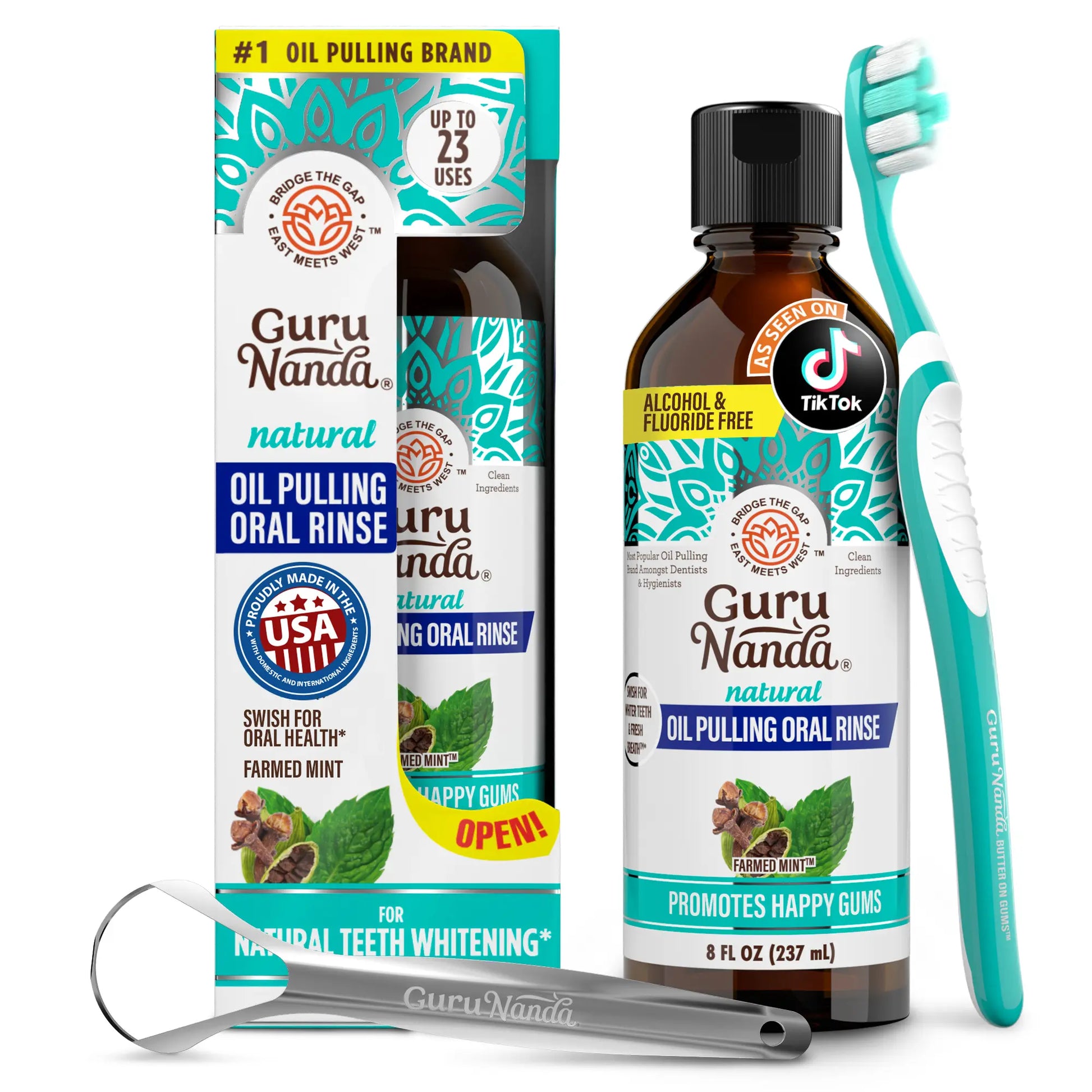 Gurunanda Cocomint Oil Pulling Mouthwash with 7 Essential Oils and 3 Vitamins for Fresh Breath and Healthy Gums, Alcohol-Free, 8 Fl Oz