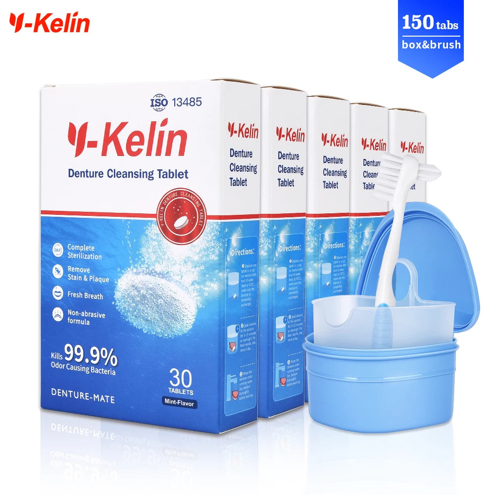 Kit Limpieza Prótesis Dental Y-Kelin — 150 Pastillas + Caja + Cepillo