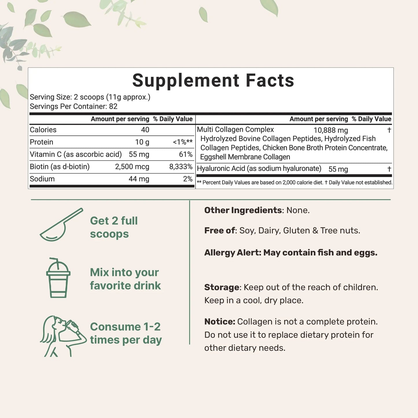 Micro Ingredients Multi-Collagen Peptides Powder with Hyaluronic Acid, Biotin, and Vitamin C - Hydrolyzed Protein Peptides (Types I, II, III, V, X), Unflavored