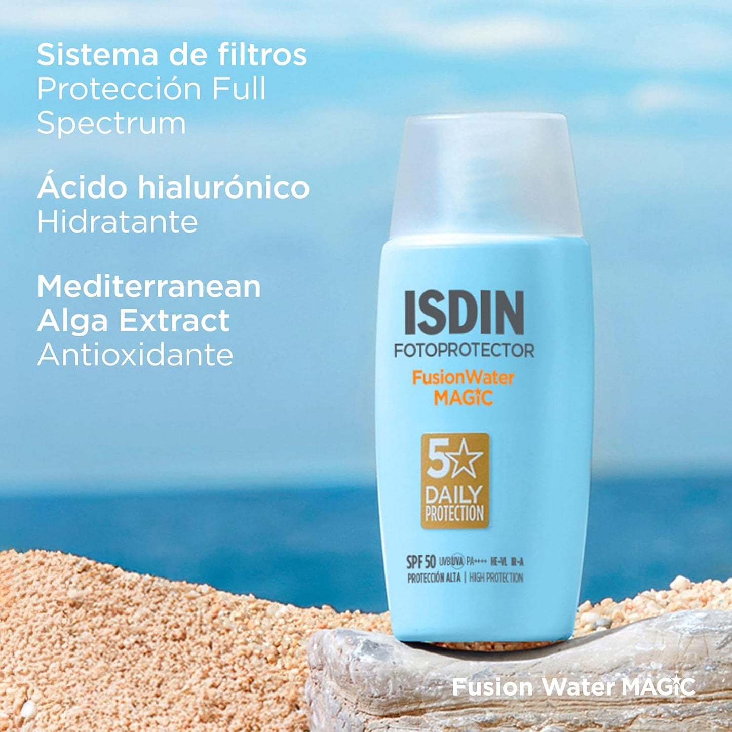 ISDIN Fotoprotección Fusion Water MAGIC SPF 50, Protector Solar Facial De Textura Ligera Y Fase Externa Acuosa Con Tacto Final Sedoso, 50Ml