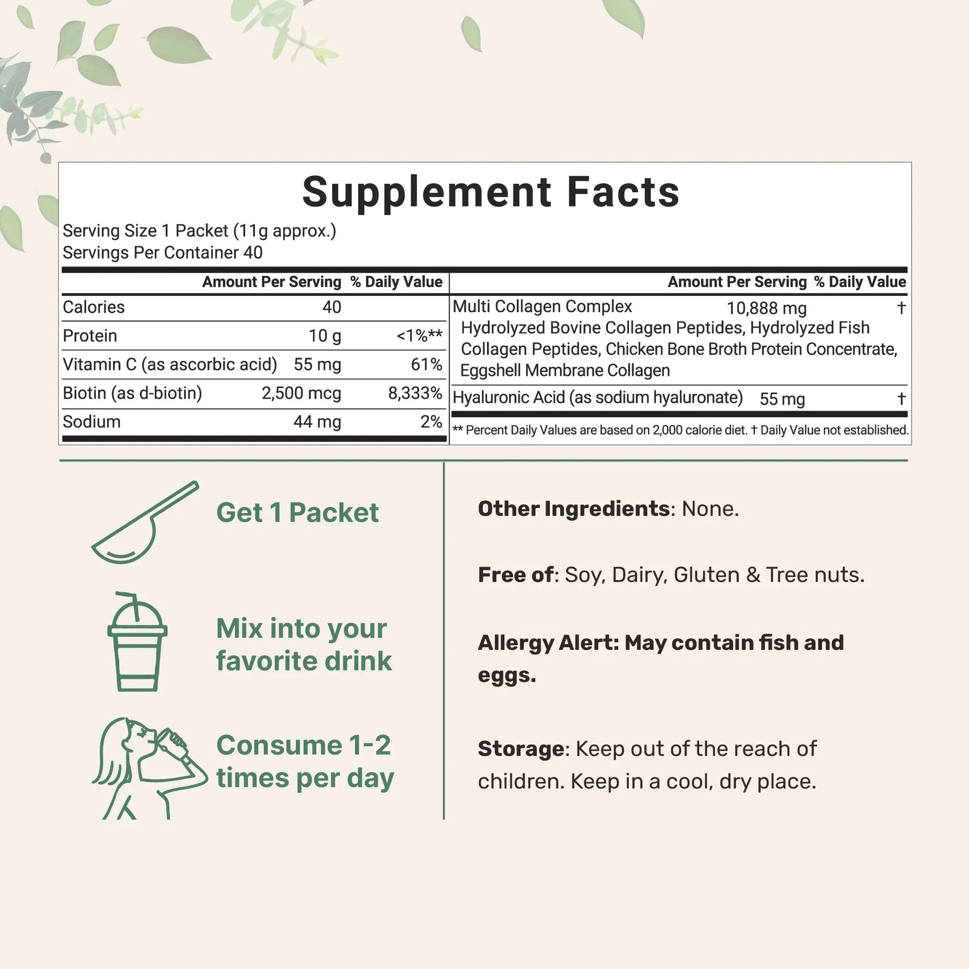 Micro Ingredients Multi-Collagen Peptides Powder with Hyaluronic Acid, Biotin, and Vitamin C - Hydrolyzed Protein Peptides (Types I, II, III, V, X), Unflavored