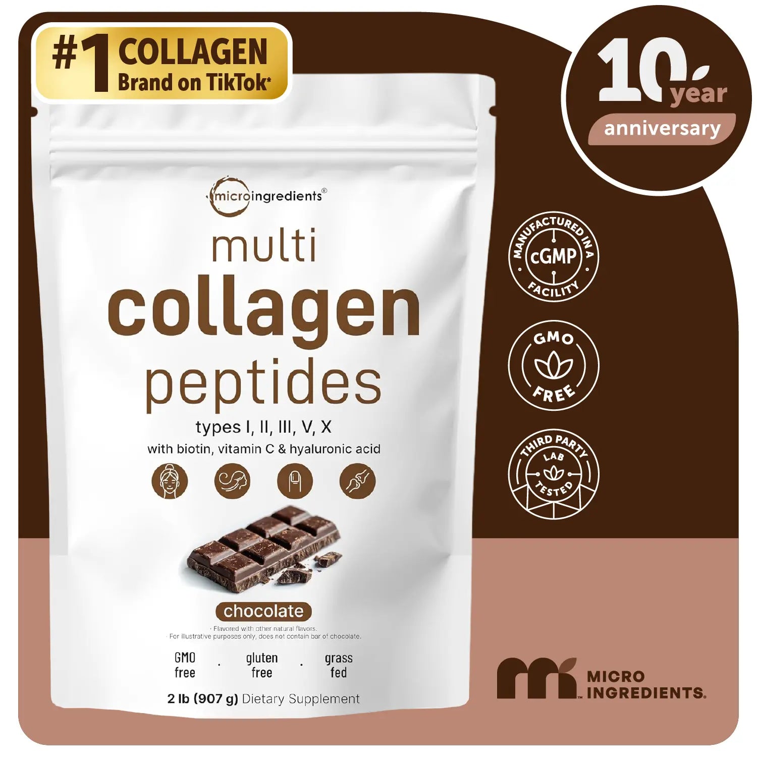 Micro Ingredients Multi-Collagen Peptides Powder with Hyaluronic Acid, Biotin, and Vitamin C - Hydrolyzed Protein Peptides (Types I, II, III, V, X), Unflavored