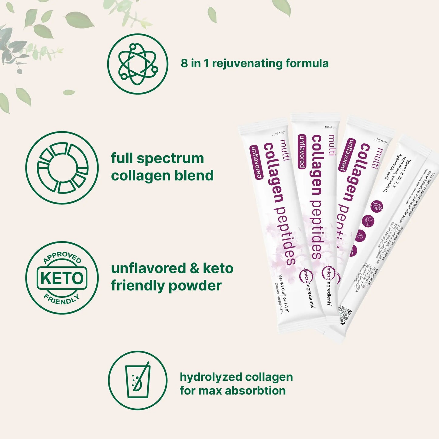 Micro Ingredients Multi-Collagen Peptides Powder with Hyaluronic Acid, Biotin, and Vitamin C - Hydrolyzed Protein Peptides (Types I, II, III, V, X), Unflavored