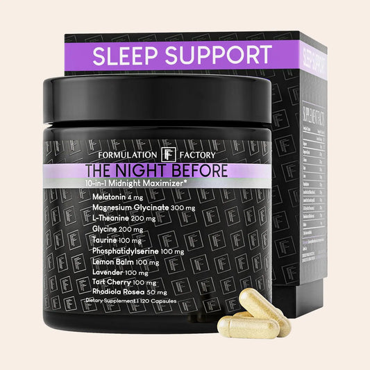 Formulation Factory 10-in-1 Natural Sleep Support Supplement with Magnesium Glycinate, Melatonin, L-Theanine, Lemon Balm, and Tart Cherry – 120 Capsules for Relaxation and Recovery