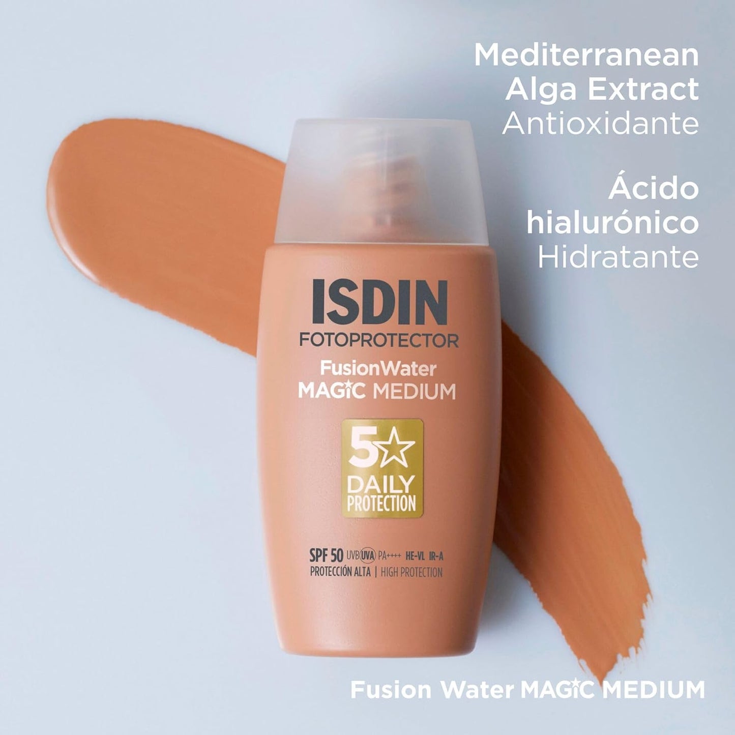 ISDIN Fusion Water Magic Color SPF 50, Protector Solar Facial De Uso Diario Ultraligero Con Color, 3 Tonos Disponibles, 50Ml