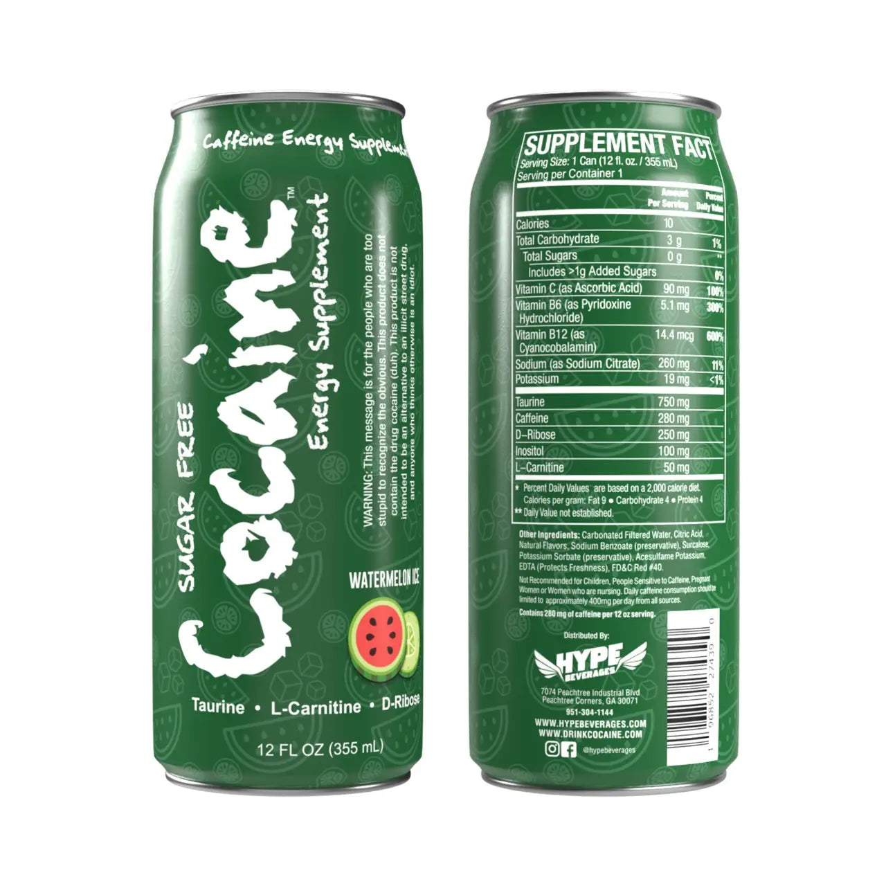 Cocaine Energy Supplement - 280mg Caffeine Energy Drink with Taurine, L-Carnitine, Antioxidants, and Vitamins - 12 oz Can - Pack of 12 (Icy Watermelon) Pre-Workout Beverage