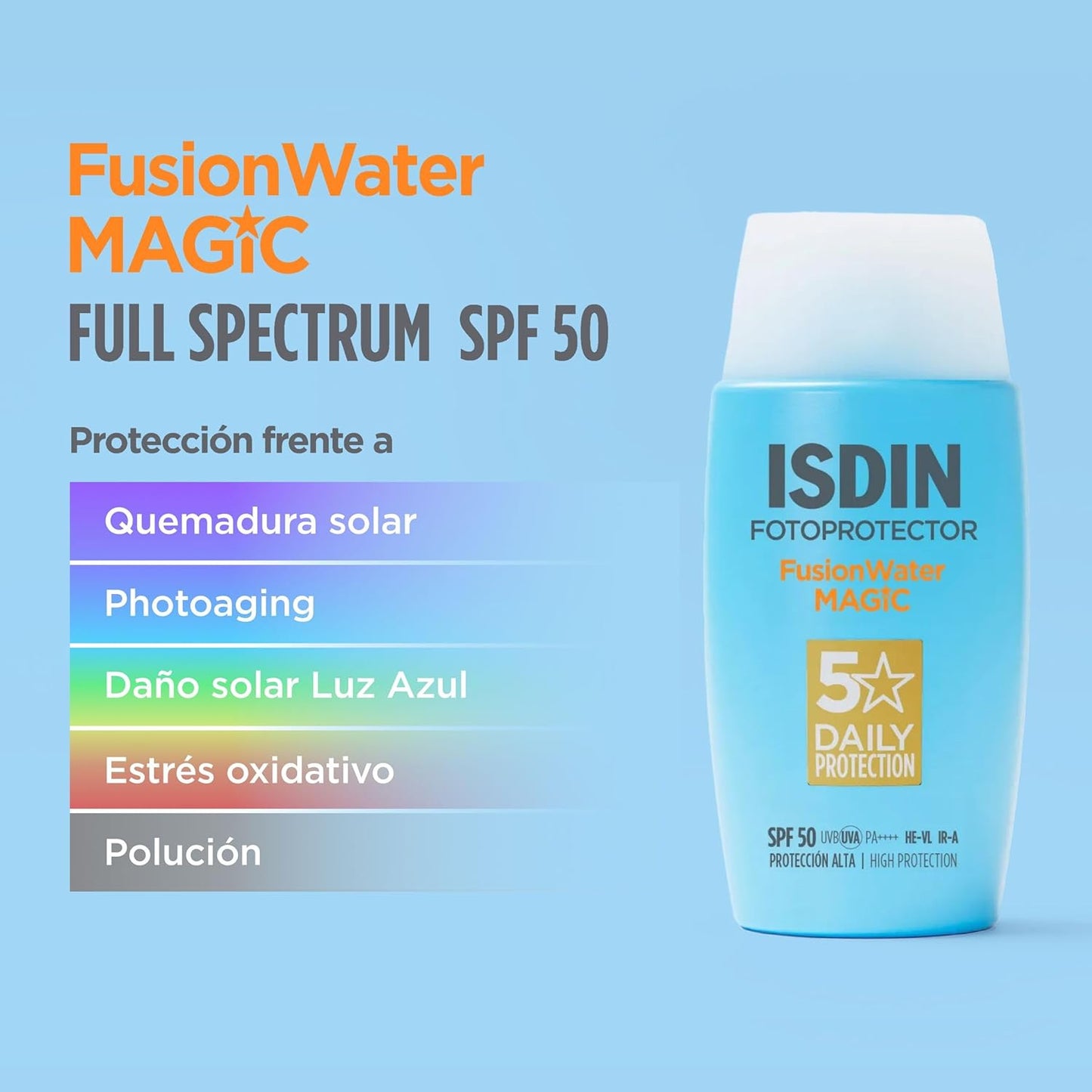 ISDIN Fotoprotección Fusion Water MAGIC SPF 50, Protector Solar Facial De Textura Ligera Y Fase Externa Acuosa Con Tacto Final Sedoso, 50Ml